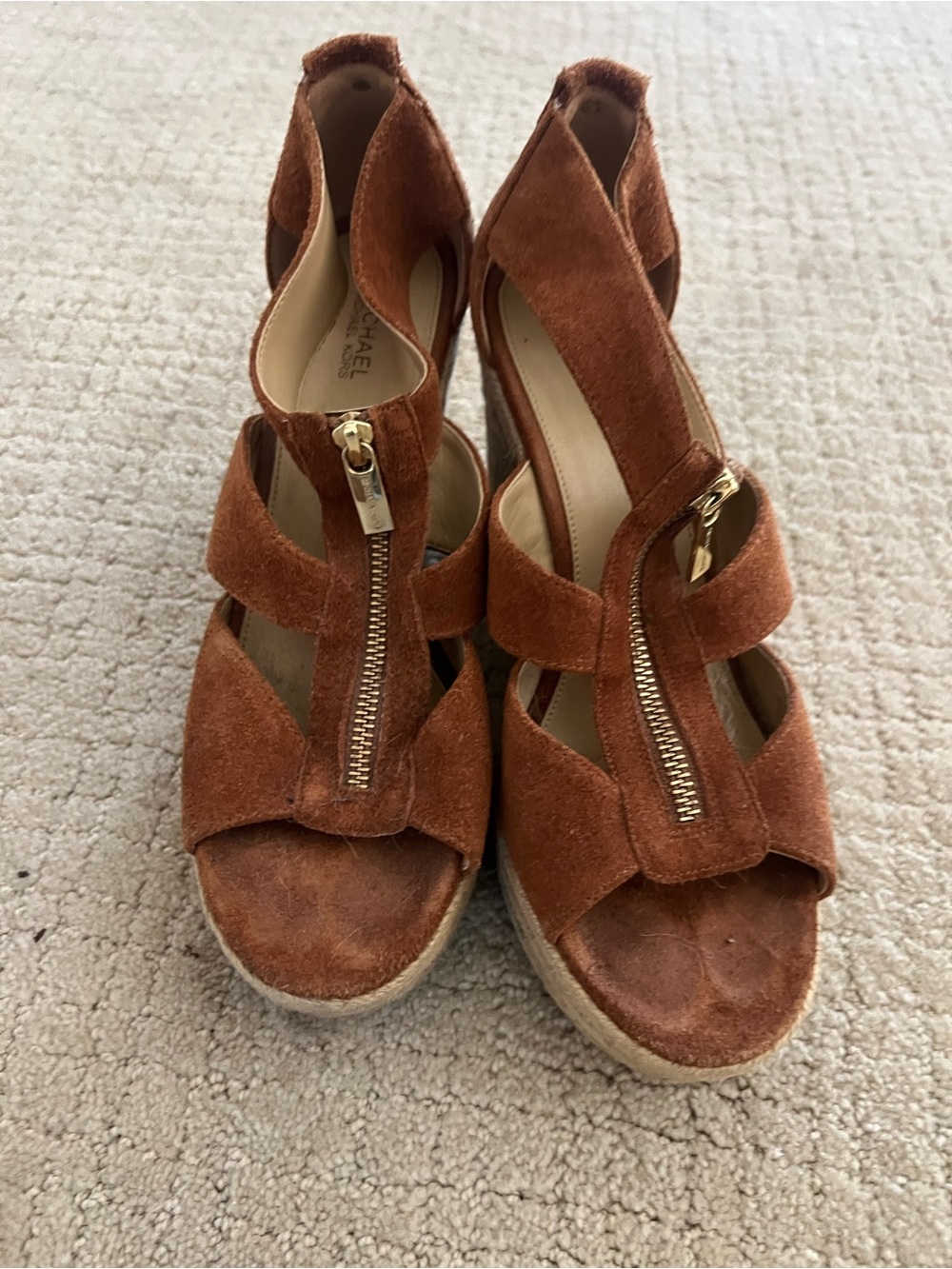 Michael Kors Rust Brown Suede Zip Espadrille Wedges